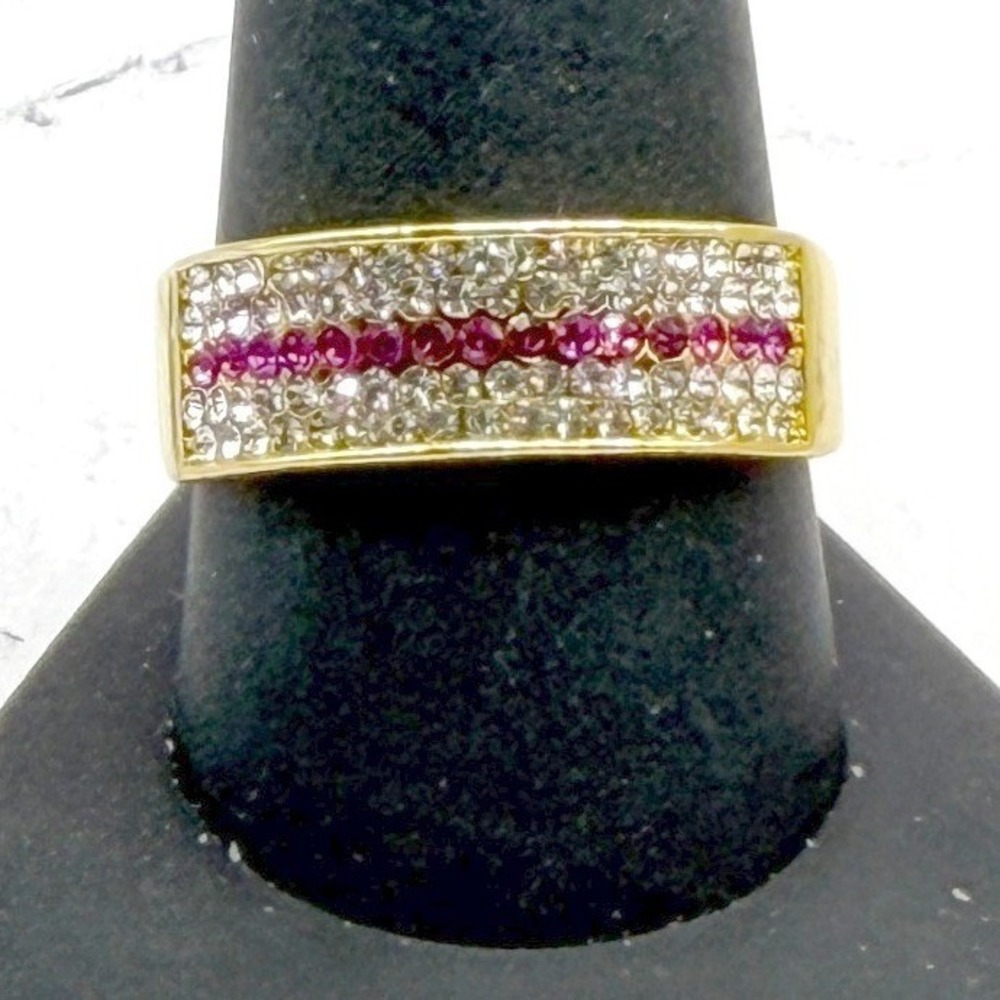 Pink Rhinestone Band Ring Stainless Steel High Sparkle Gold Tone Size 10.5 VIDEO